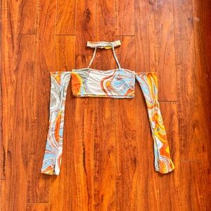 Boohoo Marble-Print Off-Shoulder Crop Top with Detachable Strap